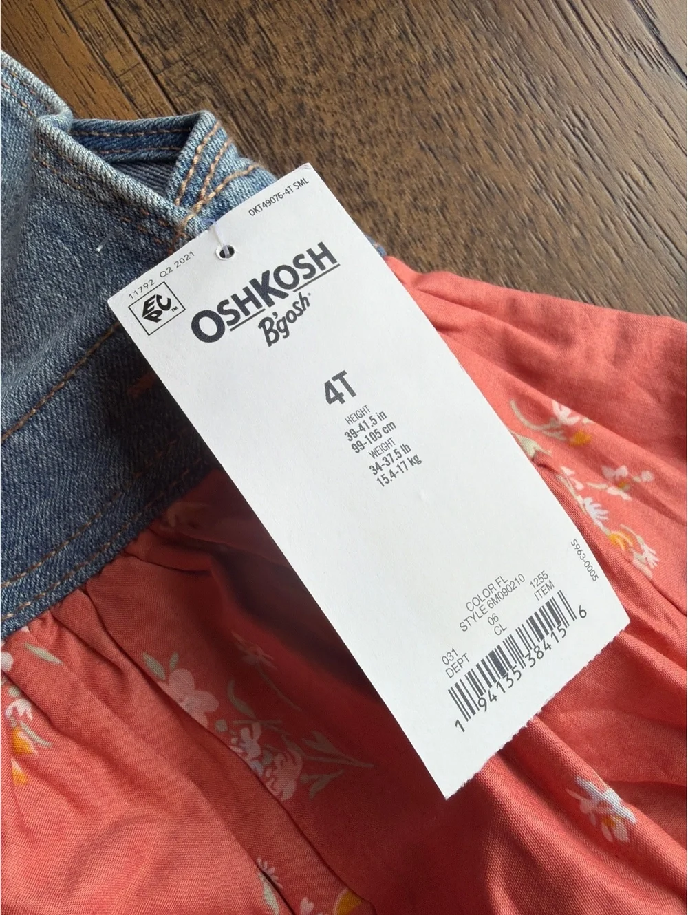 OshKosh B'gosh Girls 4T Denim and Floral Skirt Overall Dress